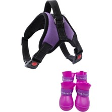 ANS Köpek Göğüs Tasması Xl Beden+Slikon Su Geçirmez Kedi Köpek Yürüyüş Ayakkabısı L Beden (Mor Takım)