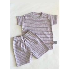 Drop Kids Bebek Pijama Takımı Kısakol Şort Pembe Çizgi Desen Baskılı Grimelanj Yenidoğan Çocuk Pijama