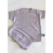 Drop Kids Bebek Pijama Takımı Kısakol Şort Pembe Çizgi Desen Baskılı Grimelanj Yenidoğan Çocuk Pijama