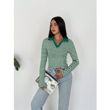 Noa&Noa Yaka Detaylı Çizgili Uzun Kollu Crop Sweatshirt