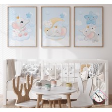 Nn Decor Fil, Tavşan Ve Ay 3'Lü Set -  Ahşap Çerçeveli, Bebek Ve Çocuk Odası Tablo Seti