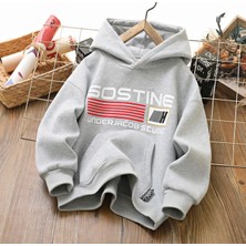 Kids Face Özel Tasarım Kapüşonlu Kırmızı Şerit Baskılı Şardonlu Kışlık Oversize Erkek Çocuk Sweatshırt