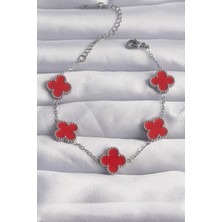 Callerrons Accessories  316L Çelik Gümüş Renk Kırmızı Mineli Yonca Bileklik - EBJ240822W26844