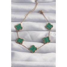 Callerrons Accessories  316L Çelik Gold Renk Çizgili Yeşil Mineli Yonca Bileklik - EBJ240822W26841