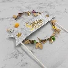 Kidspartim Lüks Pasta Üstü Çubuklu Happy Bırthday Yapraklı Işıklı 21 Cm