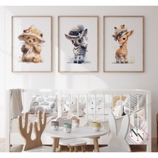 Nn Decor Şapka Konseptli 3'Lü Set - Zebra , Zürafa, Köpek -  Ahşap Çerçeveli, Bebek Ve Çocuk Odası Tablo Seti