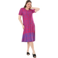 Melsay Butik Pembe Kilim Desen Kısa Kollu Büyük Beden Midi Elbise