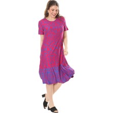 Melsay Butik Pembe Kilim Desen Kısa Kollu Büyük Beden Midi Elbise