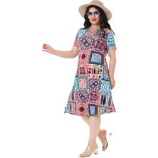 Melsay Butik Mavi Çini Desen Kısa Kollu Büyük Beden Midi Elbise