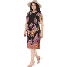 Melsay Butik Siyah Şal Desen Kısa Kollu Büyük Beden Midi Elbise