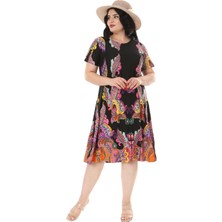 Melsay Butik Siyah Şal Desen Kısa Kollu Büyük Beden Midi Elbise
