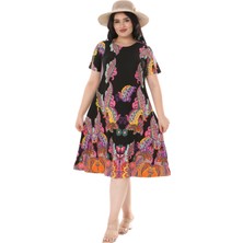 Melsay Butik Siyah Şal Desen Kısa Kollu Büyük Beden Midi Elbise