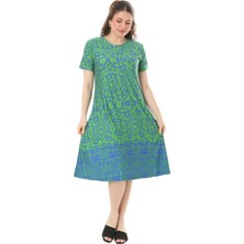 Melsay Butik Yeşil Kilim Desen Kısa Kollu Büyük Beden Midi Elbise