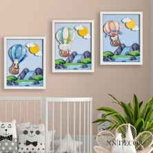 Nn Decor Balon Macerası 3'Lü Set | 3 Boyutlu, Çerçeveli, Ahşap, Çocuk Odası Tablo Seti | Baskı Ve El Boyaması
