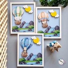 Nn Decor Balon Macerası 3'Lü Set | 3 Boyutlu, Çerçeveli, Ahşap, Çocuk Odası Tablo Seti | Baskı Ve El Boyaması