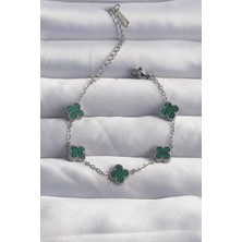 Clariss 316L Çelik Baby Boy Gümüş Renk Çizgili Yeşil Mineli Yonca Bileklik