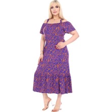 Melsay Mor Çiçek Desen Madonna Yaka Askılı Midi Elbise