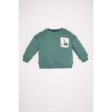 DeFacto Erkek Bebek Yeşil Bisiklet Yaka Dinazor Baskılı İçi Yumuşak Tüylü İnce Sweatshirt D3931A524WN