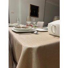 Zeren Home Meral Kurşun Collection Polyester Keten Simli Masa Örtüsü Taş Rengi + 12 Peçete