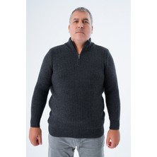 Büyük Beden Erkek Antrasit Zikzak Yürütmeli Dik Yaka Kısa Fermuarlı Triko Yün Kazak TRIST-2117