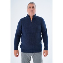 Büyük Beden Erkek Lacivert Zikzak Yürütmeli Dik Yaka Kısa Fermuarlı Triko Yün Kazak TRIST-2117