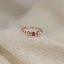 Giby Jewel Mor ve Beyaz Üç Taşlı Minimal Rose 925 Ayar Gümüş Yüzük