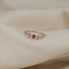 Giby Jewel Mor ve Beyaz Üç Taşlı Minimal Rose 925 Ayar Gümüş Yüzük