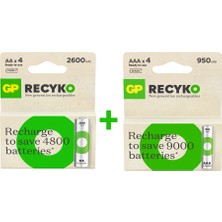 GP Batteries Recyko 2600mAh 4 Adet AA – GP Recyko 950mAh 4 Adet AAA Pil, Toplam 8 Adet Pil