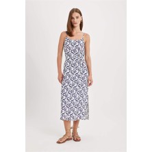 DeFacto Yuvarlak Yaka Desenli Maroken Askılı Midi Elbise D1793AX24HS