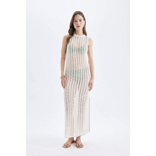 DeFacto Regular Fit Bisiklet Yaka Kroşe Kolsuz Maxi Triko Plaj Elbise