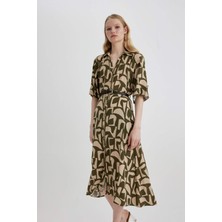 DeFacto Gömlek Yaka Desenli Maroken Yarım Kollu Midi Elbise C2448AX24SP