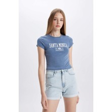 DeFacto Fitted Bisiklet Yaka Baskılı Ribana Kısa Kollu Tişört C9331AX24SM