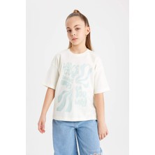 DeFacto Kız Çocuk Relax Fit Kısa Kollu Tişört Ekru Günlük Stil Bisiklet Yaka Baskılı
