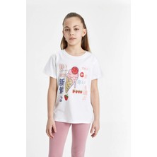 DeFacto Kız Çocuk Bisiklet Yaka Baskılı Kısa Kollu Tişört