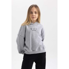 DeFacto Kız Çocuk Oversize Geniş Kalıp Kapüşonlu Baskılı İçi Yumuşak Tüylü Kalın Sweatshirt