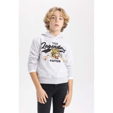 DeFacto Erkek Çocuk Gri Kapüşonlu Baskılı Sweatshirt Uzun Kollu Rahat Fit Tasarım