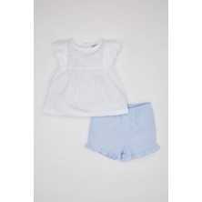 DeFacto Kız Bebek 2'li Takım Kısa Kollu Flamlı Poplin Bluz ve Şort 18-24 Ay Şık Tasarım