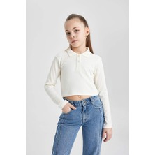 DeFacto Kız Çocuk Polo Yaka Ribana Uzun Kollu Basic Düz Tişört B7407A824SP