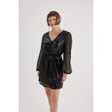 DeFacto Kalp Yaka Payetli Kumaş Uzun Kollu Mini Elbise