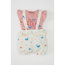 DeFacto Kız Bebek 2'li Takım Deniz Baskılı Fitilli Kaşkorse Kısa Kolu Tişört Askılı Tulum