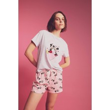 DeFacto Fall in Love Disney Mickey & Minnie Kısa Kollu Şortlu Pijama Takımı B3650AX24SP