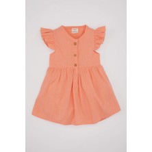 DeFacto Kız Bebek Kısa Kollu Basic Düz Elbise Şık Turuncu Renkli Keten Görünümlü Tasarım