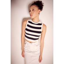 DeFacto Coool Slim Fit Bisiklet Yaka Çizgili Triko Atlet A8242AX23SM