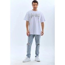 Koflandy  Oversize Taşlı Bisiklet Yaka T-Shirt - Beyaz