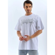 Koflandy  Oversize Taşlı Bisiklet Yaka T-Shirt - Beyaz