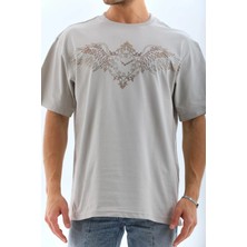 Koflandy  Oversize Taşlı Bisiklet Yaka T-Shirt - Gri