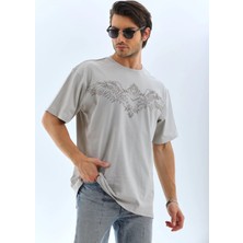 Koflandy  Oversize Taşlı Bisiklet Yaka T-Shirt - Gri