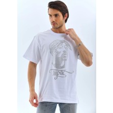Koflandy  Oversize Taşlı Bisiklet Yaka T-Shirt - Beyaz