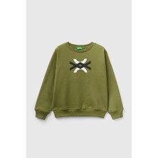 Benetton Erkek Çocuk Slogan Baskılı Sweatshirt - Haki
