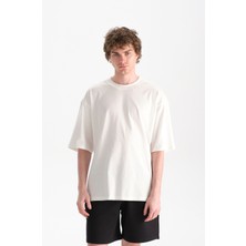 Uniu Erkek Beyaz Oversize Bisiklet Yaka  Organik Pamuk T-Shirt